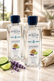 Flaskor som har etikett med "Maison Berger Paris" och illustrationer av lavendel, citron och trä | Maison Berger | Lilla Hem