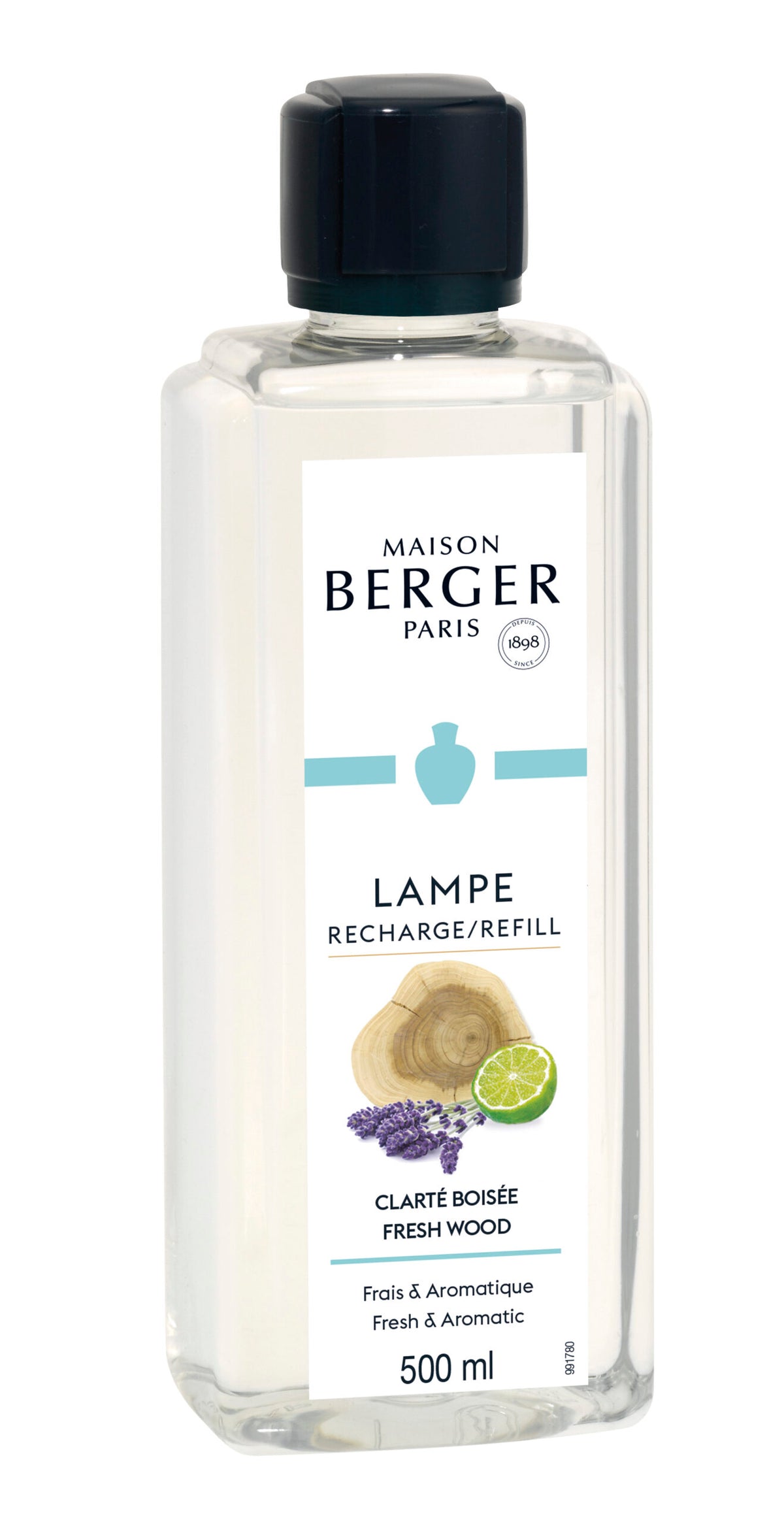 Glasklar refillflaska med svart kork, etikett med "Maison Berger Paris" och illustrationer av lavendel, citron och trä | Maison Berger | Lilla Hem