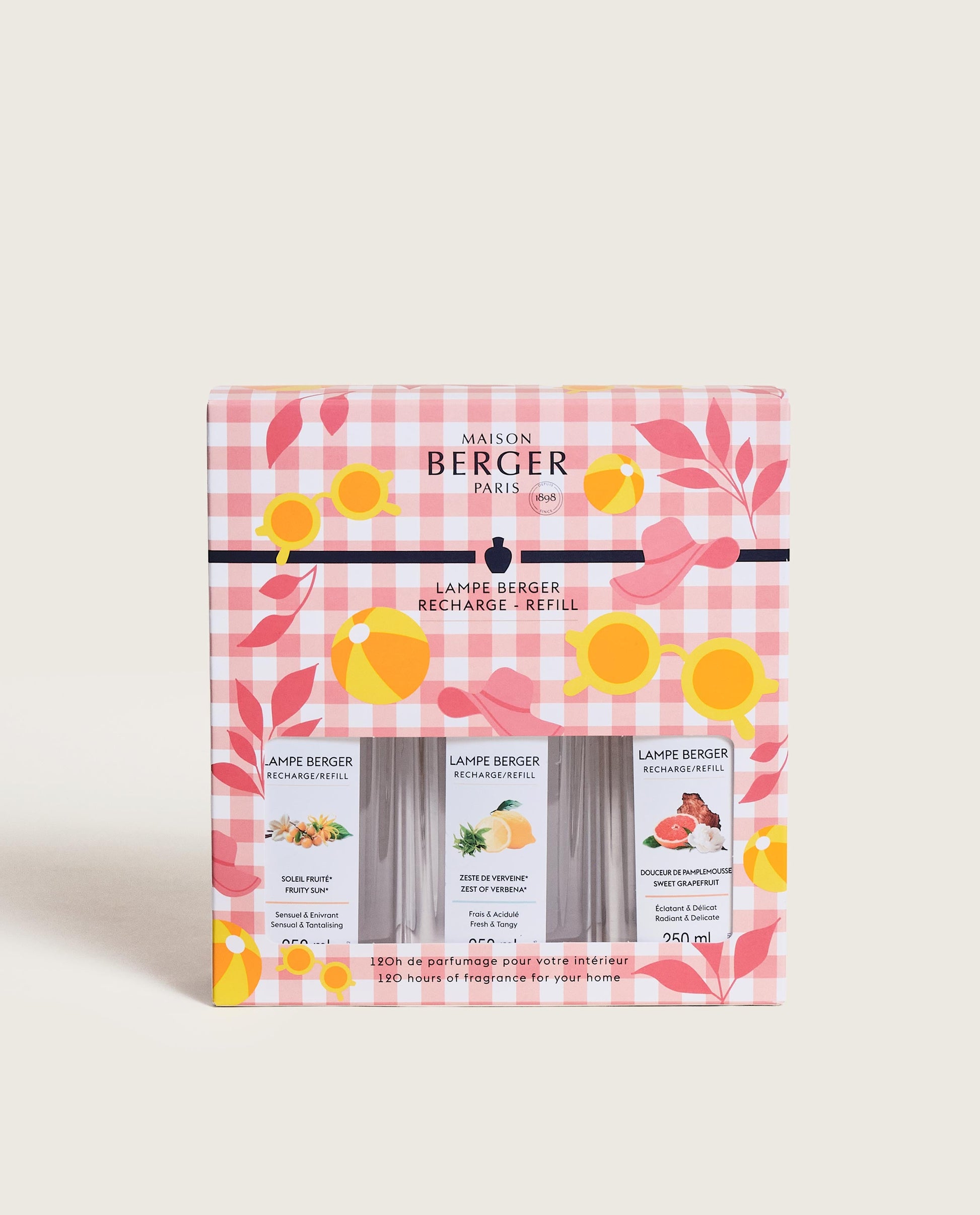 Presentförpackning med tre doftrefiller från Maison Berger i rosa rutig design med frukt- och blomstermotiv | Maison Berger | Lilla Hem