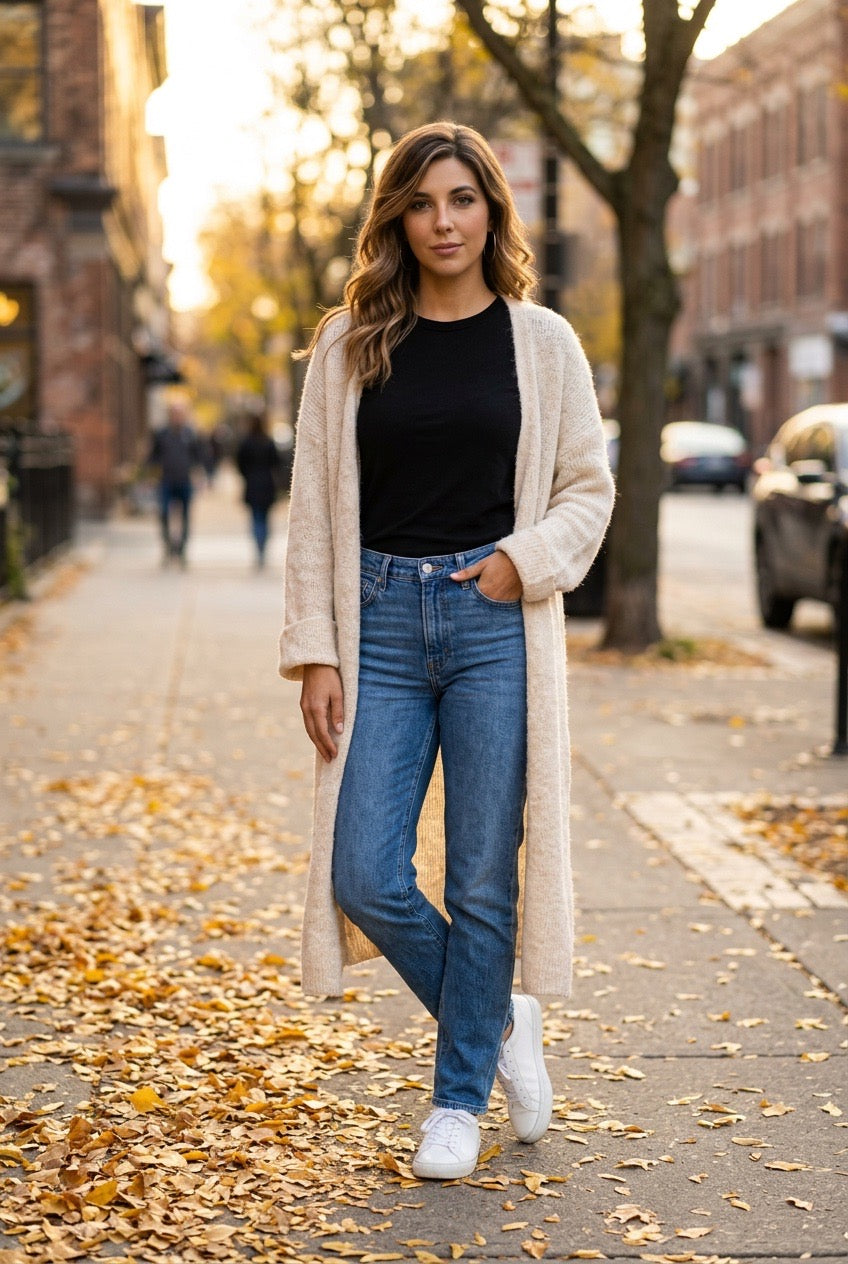 Modell bär långt stickad cardigan i beige över svart tee och blå jeans, framifrån på stadsgata | Caramelle Fashion | Lilla Hem