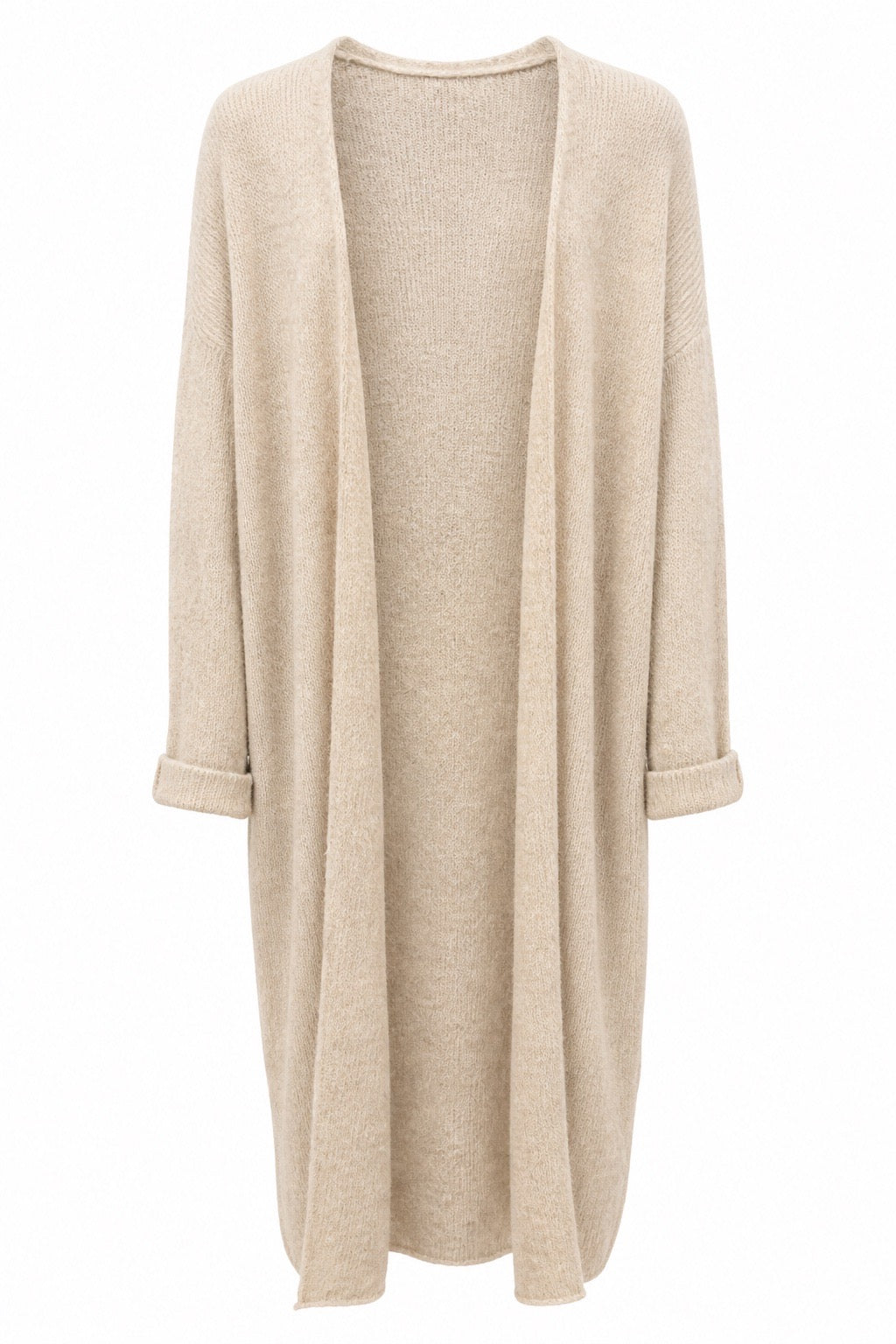 Lång cardigan i beige stickad trikå med upprullade manschetter, fotograferad framifrån mot vit bakgrund | Caramelle Fashion | Lilla Hem