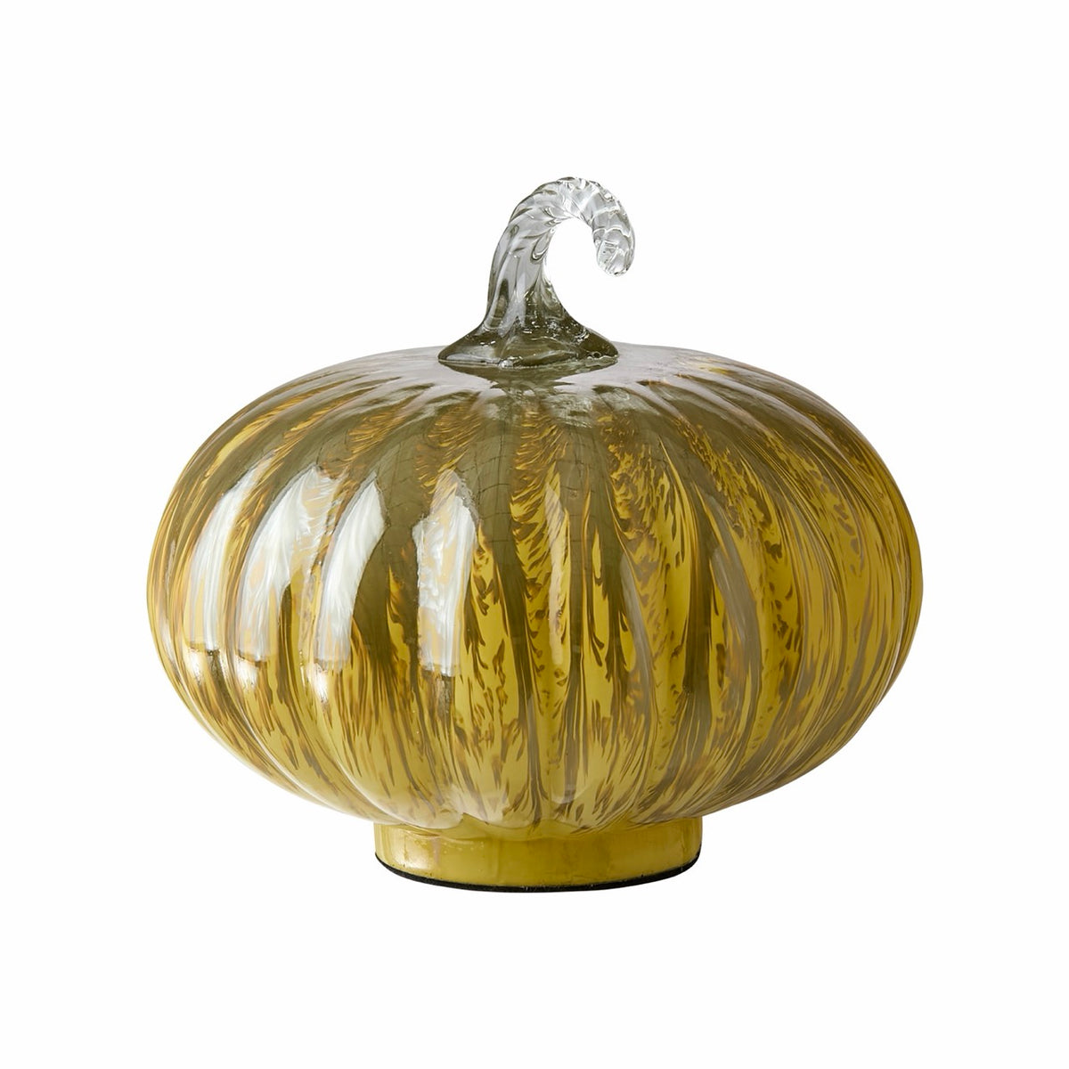 Glasdekorativ pumpkin i gult-grönt med vertikala ribbor och glashandtag på toppen | Affari of Sweden | Lilla Hem