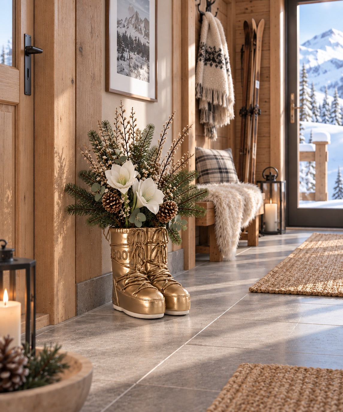 Gyllene stövel-vas med vita blommor och vintergrönt, placerad på hallgolv i alpint interiör | Trademan | Lilla Hem