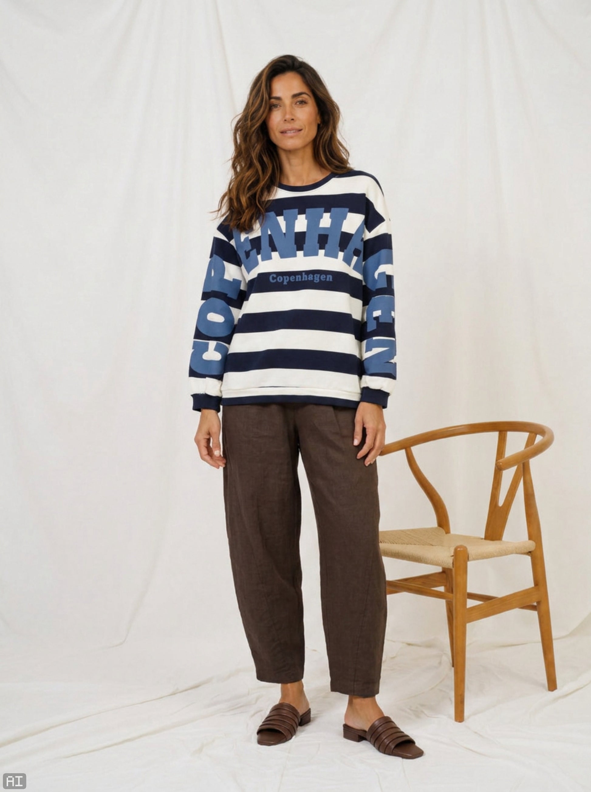 Modell bär randig sweatshirt med "Copenhagen"-text framifrån tillsammans med bruna byxor | MARTA du Chateau | Lilla Hem