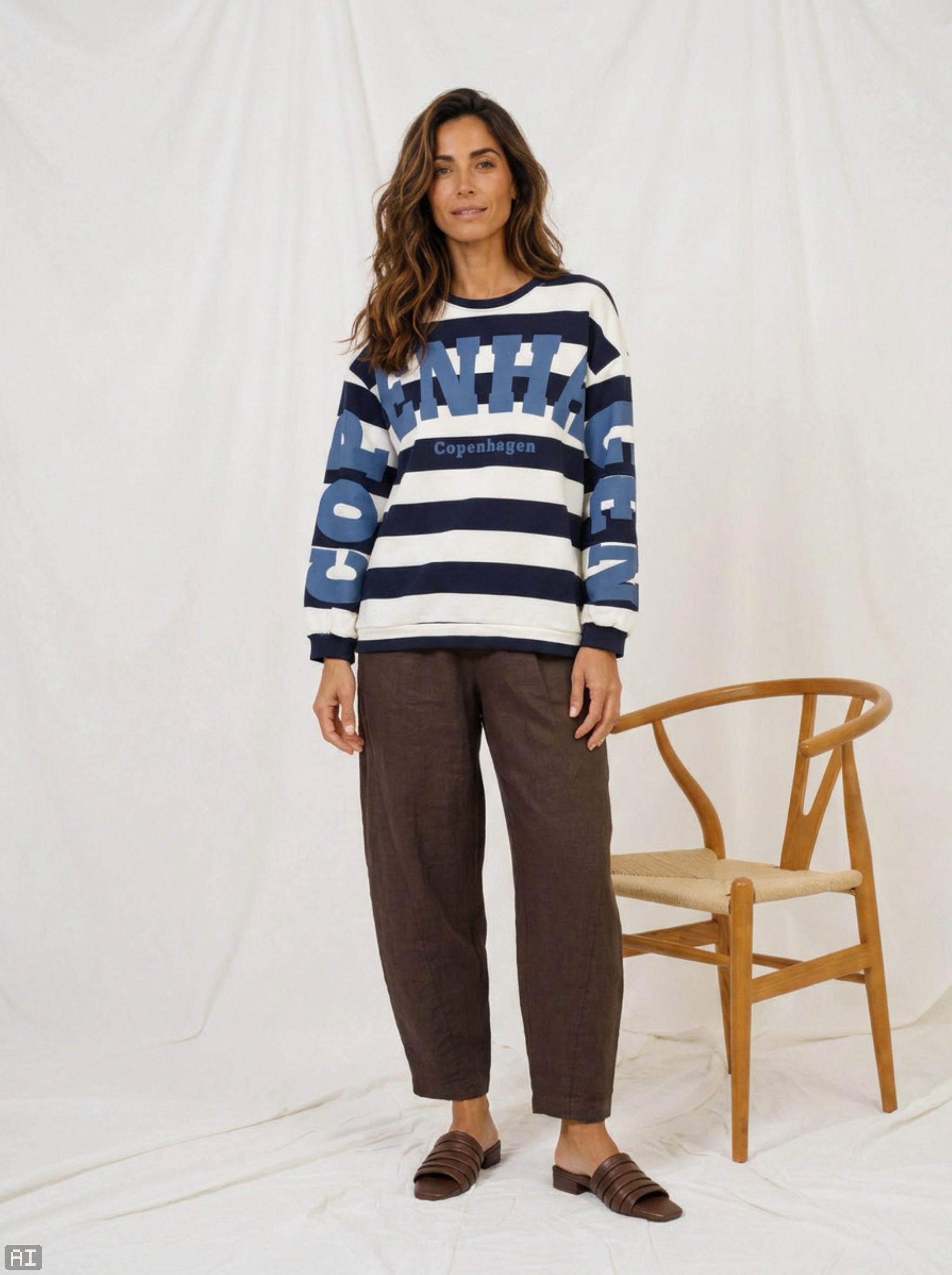 Modell bär randig sweatshirt med "Copenhagen"-text framifrån tillsammans med bruna byxor | MARTA du Chateau | Lilla Hem