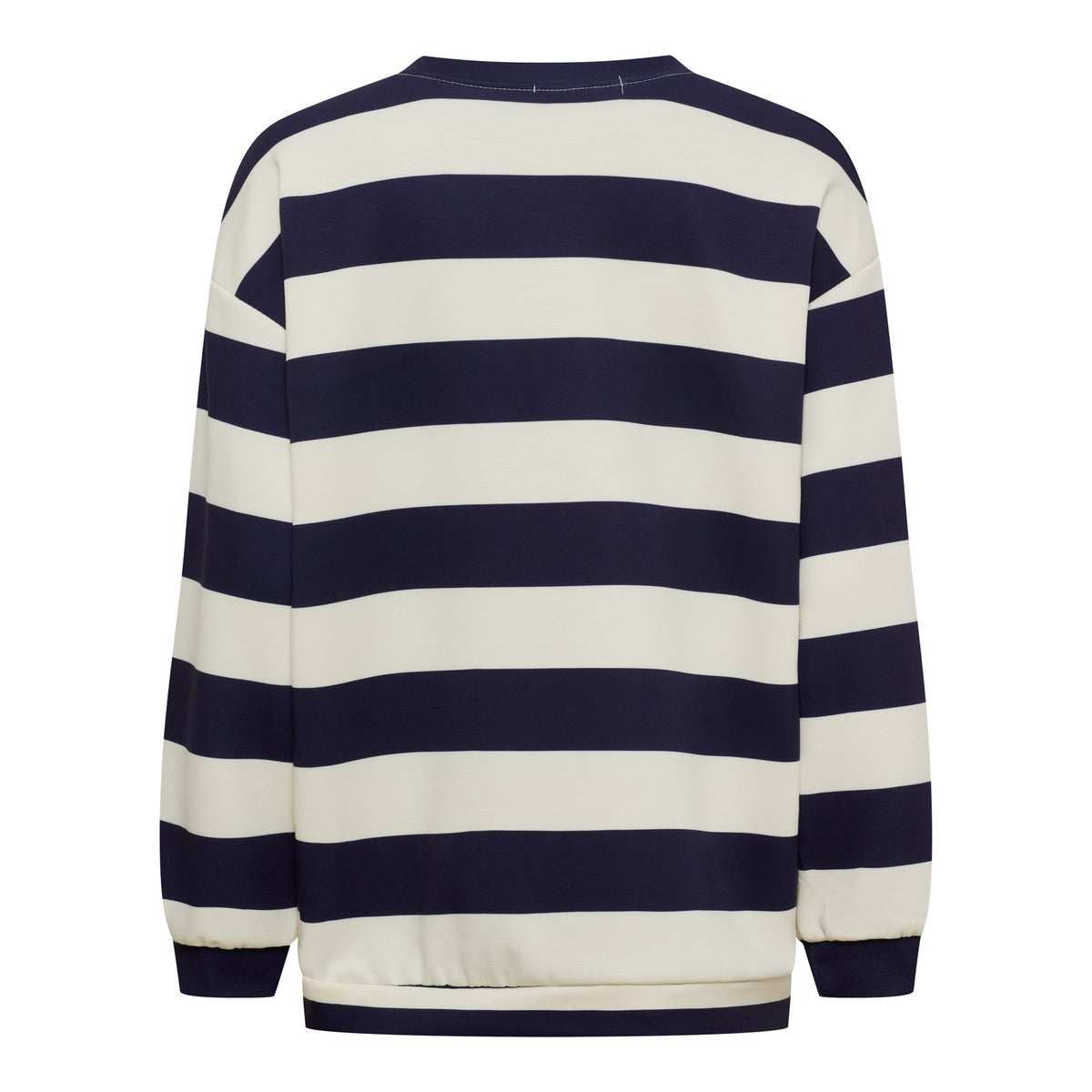 Sweatshirt med breda horisontella ränder i marinblått och vitt, fotograferad bakifrån mot vit bakgrund | MARTA du Chateau | Lilla Hem