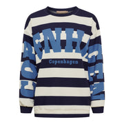 Sweatshirt med horisontella ränder i marinblått, vitt och blått, stort "COPENHAGEN"-tryck framifrån | MARTA du Chateau | Lilla Hem