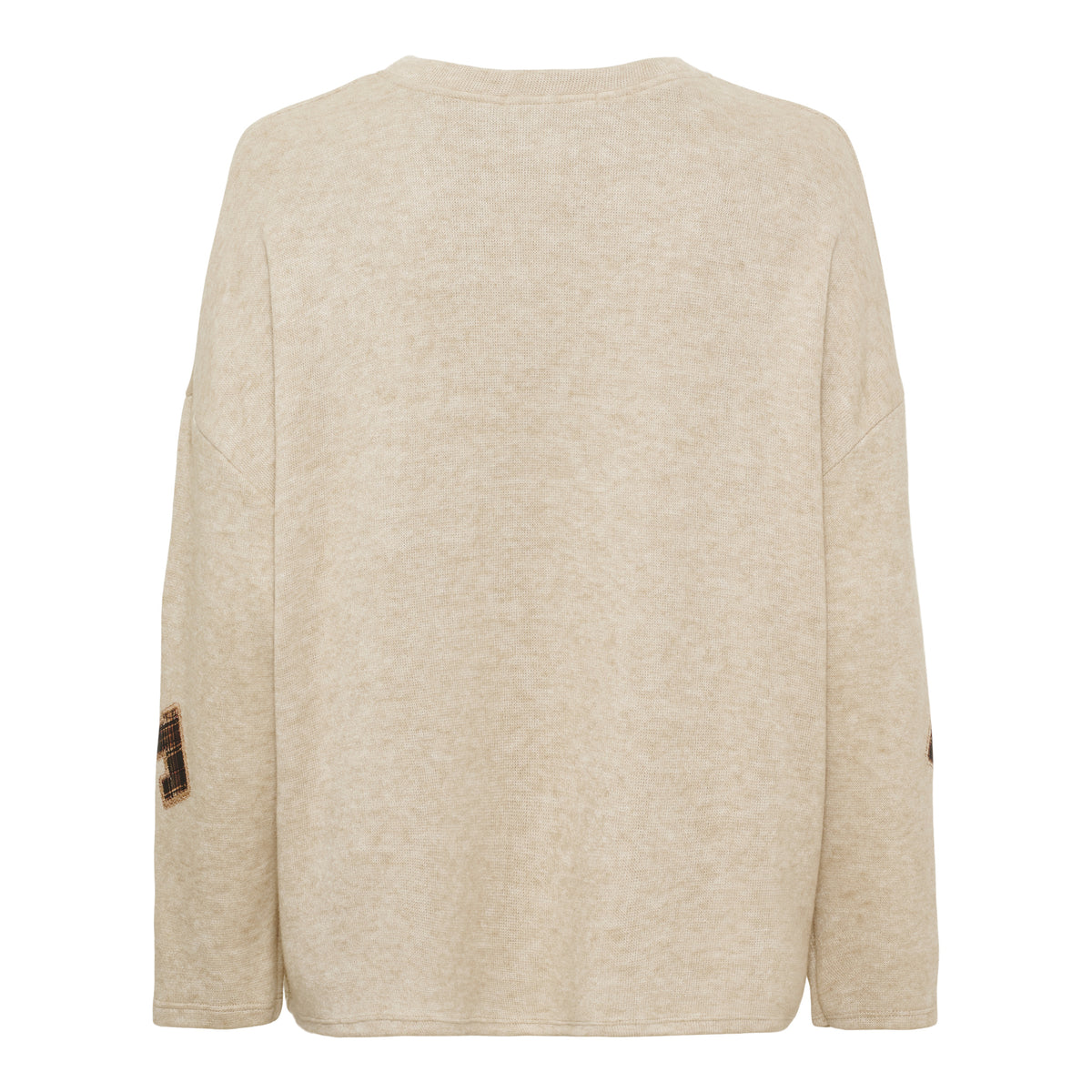 Beige stickad sweatshirt sedd framifrån med små detaljer på ärmarna | MARTA du Chateau | Lilla Hem