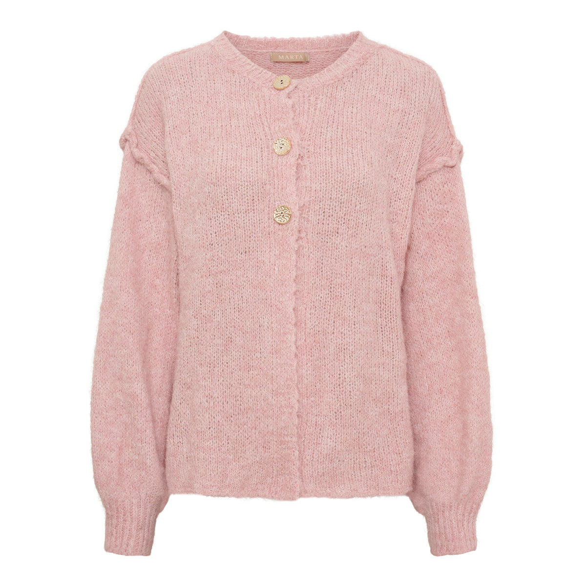 Rosa stickad tröja med knapprad framifrån mot vit bakgrund | MARTA du Chateau | Lilla Hem