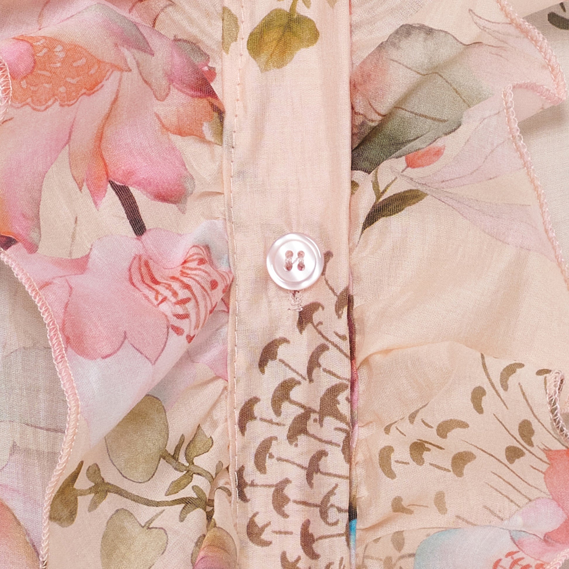 Närbild av blommigt tryck med vit knapp och rosa sömkant på skjorta | MARTA du Chateau | Lilla Hem