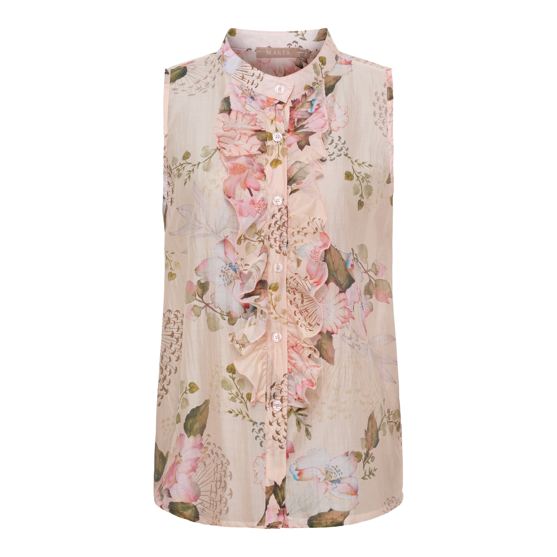 Sleeveless skjorta med blommigt tryck i rosa och grönt på beige botten, knäppning framifrån | MARTA du Chateau | Lilla Hem
