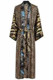 Långkimono i guld och svart med paisley- och zebramönster, visad framifrån med bälte | Orice | Lilla Hem