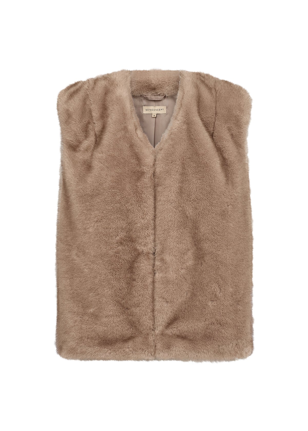 Pälsväst i beige presenterad platt framifrån mot vit bakgrund, med V-ringning och volymiösa axlar | Soya Concept | Lilla Hem