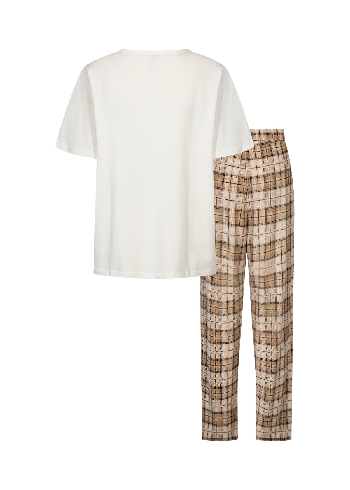 Pyjamas i vit t-shirt och rutiga byxor i beige och brunt, visad platt mot vit bakgrund | Soya Concept | Lilla Hem