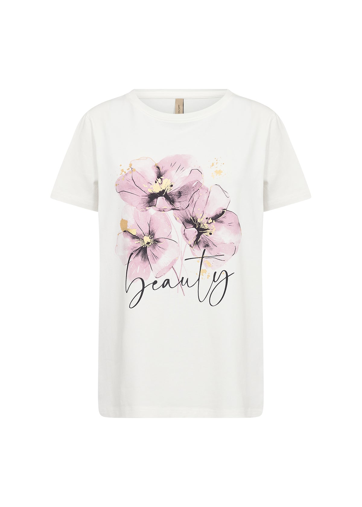 Vit t-shirt med akvarellmålad blomstermotiv i rosa och texten "beauty" på bröstet, fotograferad framifrån | Soya Concept | Lilla Hem