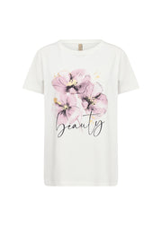 Vit t-shirt med akvarellmålad blomstermotiv i rosa och texten "beauty" på bröstet, fotograferad framifrån | Soya Concept | Lilla Hem